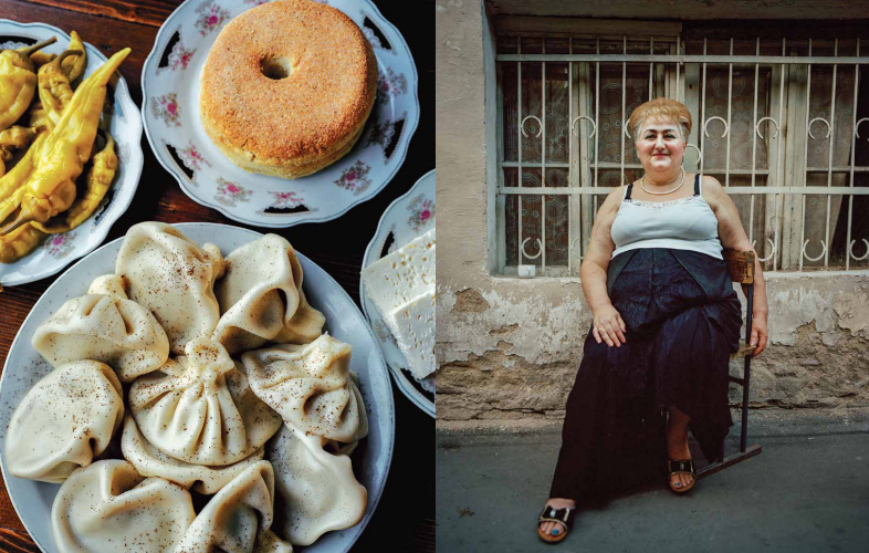 Split screen of Georgian food and Georgian woman